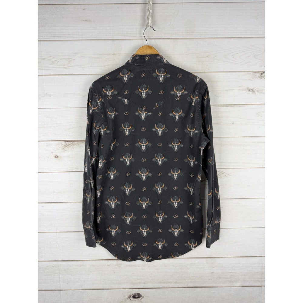 Rock & Roll Denim Shirt Mens Medium Black Longhorn Western Snap Button Up - Picture 2 of 9
